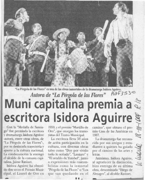 Muni capitalina premia a escritora Isidora Aguirre  [artículo].