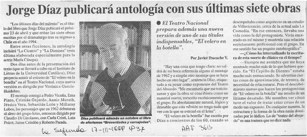 Jorge Díaz publicará antología con sus últimas siete obras  [artículo] Javier Ibacache V.