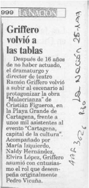 Griffero volvió a las tablas  [artículo].