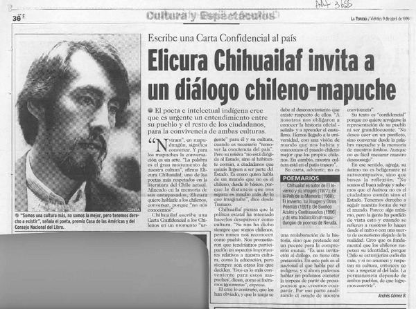 Elicura Chihuailaf invita a un diálogo chileno-mapuche  [artículo] Andrés Gómez B.