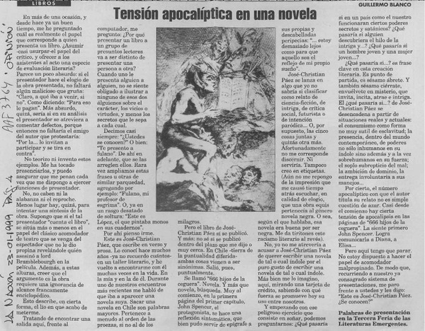 Tensión apocalíptica en una novela  [artículo] Guillermo Blanco.