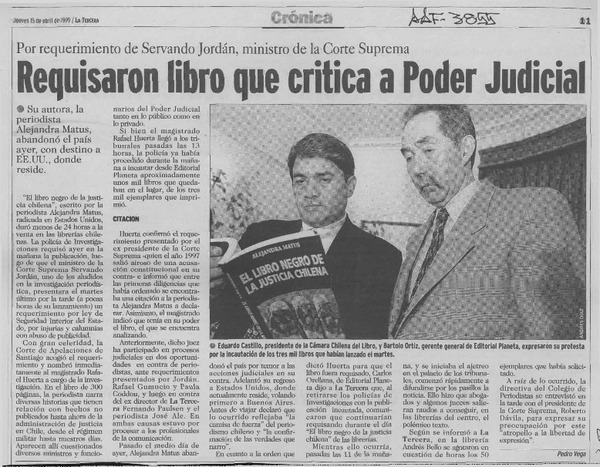 Requisaron libro que critica a poder judicial  [artículo] Pedro Vega.