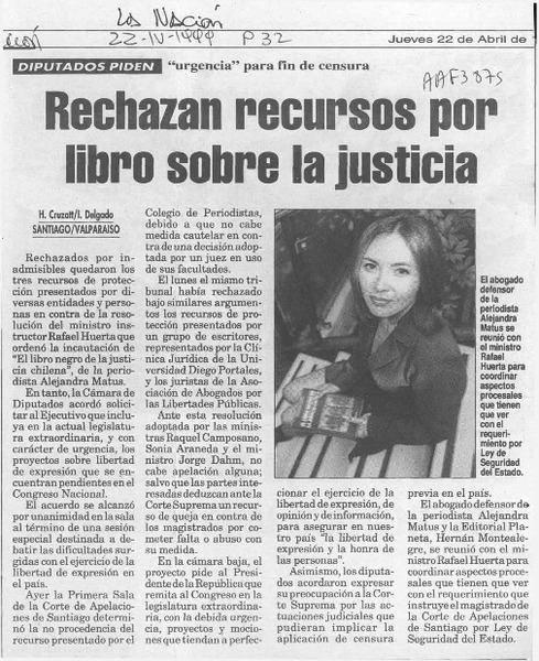 Rechazan recursos por libro sobre la justicia  [artículo] H. Cruzat [y] I. Delgado.