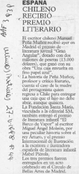 Chileno recibió premio literario  [artículo].