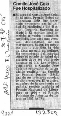 Camilo José Cela fue hospitalizado  [artículo].