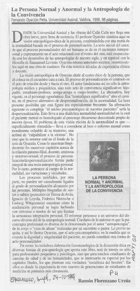 La persona normal y anormal y la antropolgía de la convivencia  [artículo] Ramón Florenzano Urzúa.