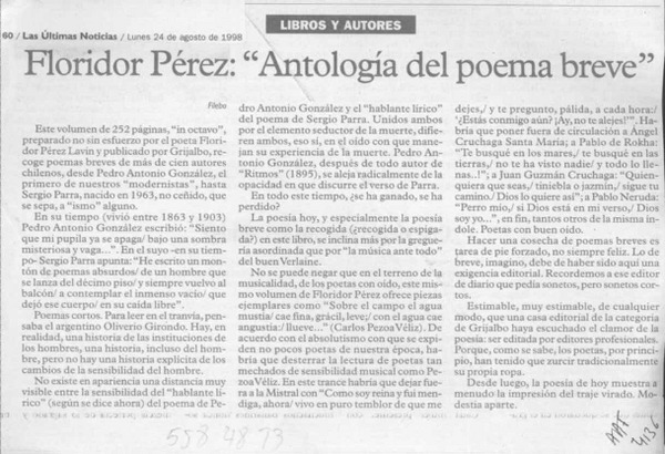 Floridor Pérez, "Antología del poema breve"  [artículo] Filebo.