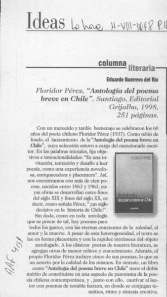 Antología del poema breve en Chile  [artículo] Eduardo Guerrero del Río.