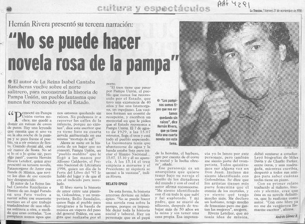 "No se puede hacer novela rosa de la pampa"  [artículo] Andrés Gómez B.
