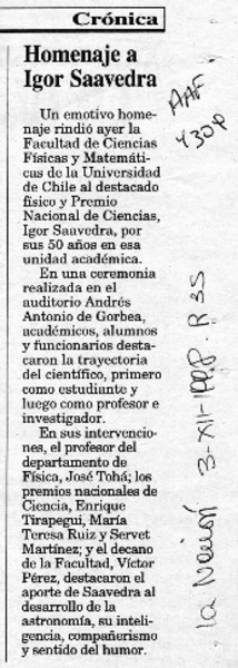 Homenaje a Igor Saavedra  [artículo].