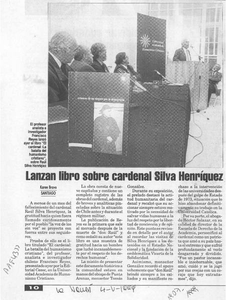 Lanzan libro sobre cardenal Silva Henríquez  [artículo] Karen Bravo.