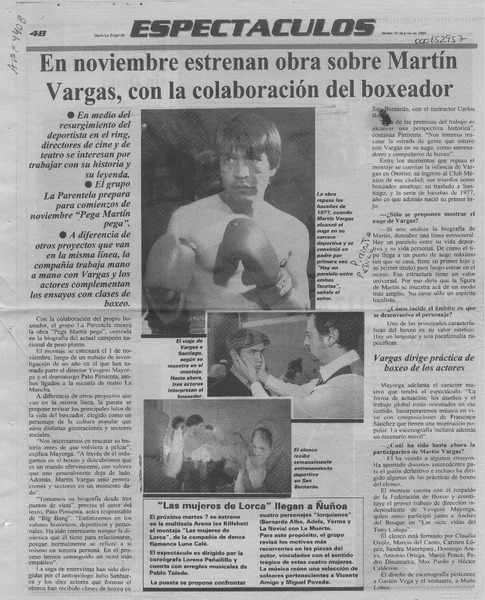 En noviembre estrenan obra sobre Martín Vargas, con la colaboración del boxeador  [artículo].