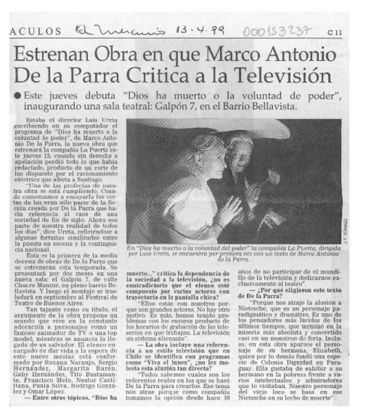 Estrenan obra en que Marco Antonio de la Parra critica a la televisión  [artículo].