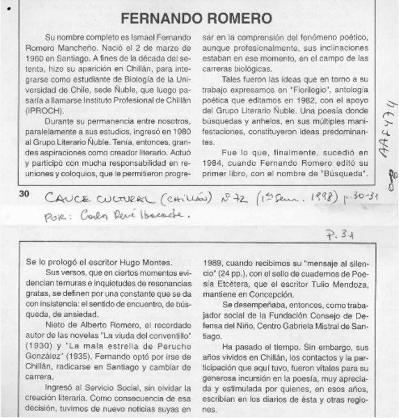 Fernando Romero  [artículo] Carlos René Ibacache.