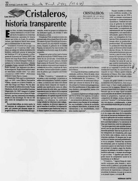 Cristaleros, historia transparente  [artículo] Hernán Soto.