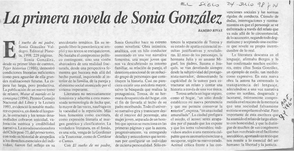La primera novela de Sonia González  [artículo] Ramiro Rivas.