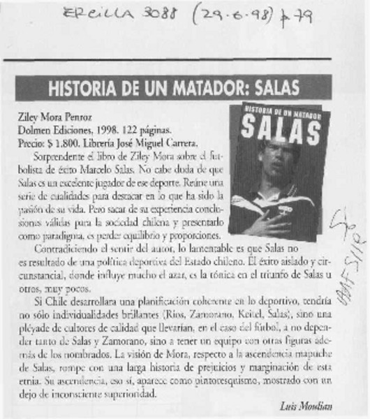 Historia de un matador, Salas  [artículo] Luis Moulian.