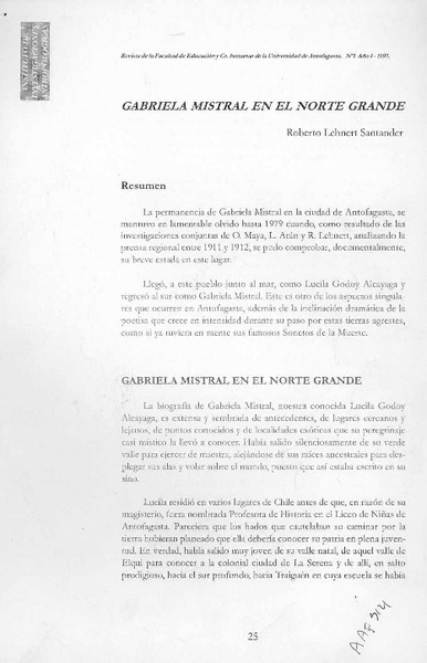Gabriela Mistral en el norte grande  [artículo] Roberto Lehnert Santander.