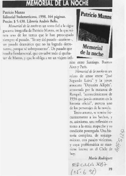 Memorial de la noche  [artículo] Mario Rodríguez.