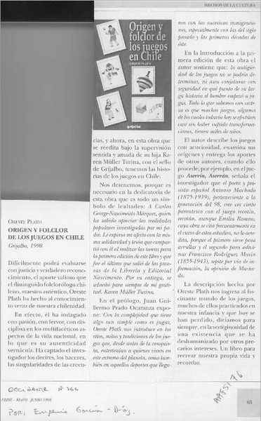 Origen y folclor de los juegos en Chile  [artículo] Eugenio Garía-Díaz.