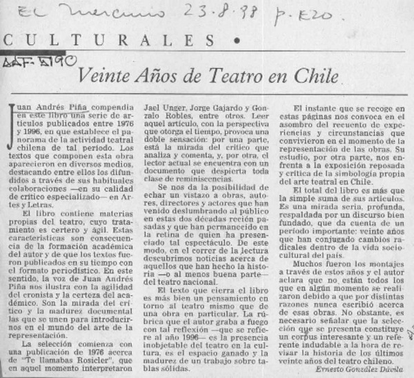 Veinte años de teatro en Chile  [artículo] Ernesto González Dávila.