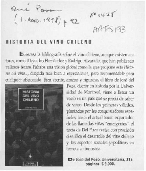 Historia del vino chileno  [artículo].