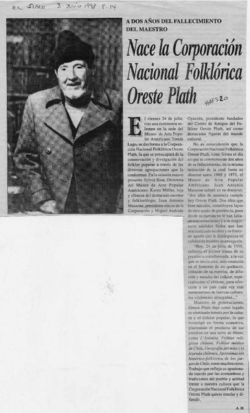 Nace la Corporación Nacional Folklórica Oreste Plath  [artículo] A. M.