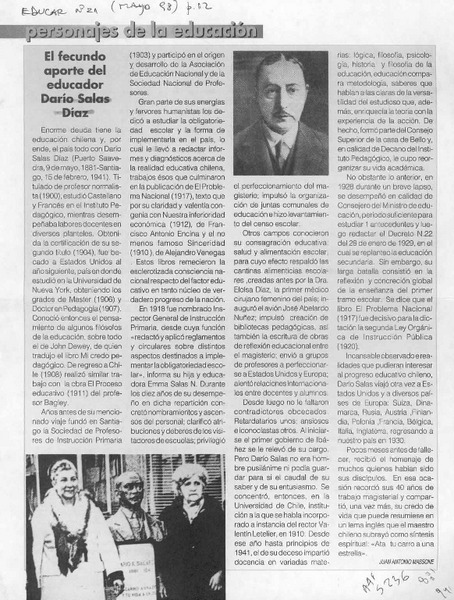 El fecundo aporte del educador Darío Salas Díaz  [artículo] Juan Antonio Massone.