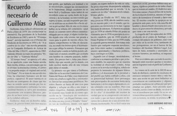 Recuerdo de Guillermo Atías  [artículo] Luis Merino Reyes.