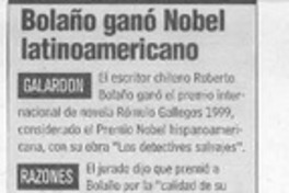 Bolaño ganó Nobel latinoamericano  [artículo].