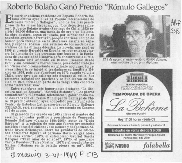 Roberto Bolaño ganó premio "Rómulo Gallegos"  [artículo].