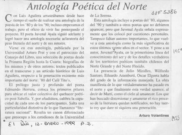 Antología poética del norte  [artículo] Arturo Volantines.