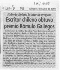 Escritor chileno obtuvo premio Rómulo Gallegos  [artículo].