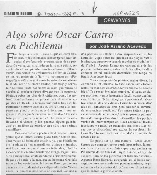 Algo sobre Oscar Castro en Pichilemu  [artículo] José Arraño Acevedo.