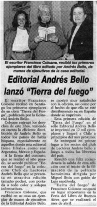 Editorial Andrés Bello lanzó "Tierra del Fuego"