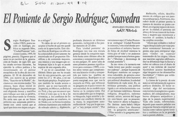 El poniente de Sergio Rodríguez Saavedra  [artículo] Bernardo Chandía Fica.