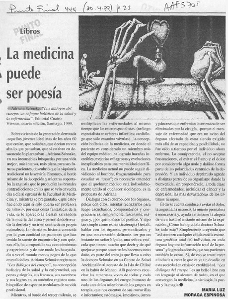 La medicina puede ser poesía  [artículo] María Luz Moraga Espinosa.