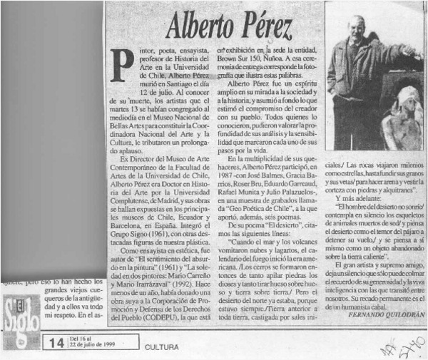Alberto Pérez  [artículo] Fernando Quilodrán.