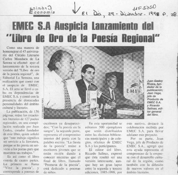 EMEC S.A. auspicia lanzamiento del "Libro de Oro de la Poesía Regional"  [artículo].