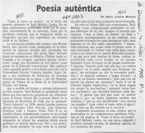 Poesía auténtica  [artículo] María Cristina Menares.