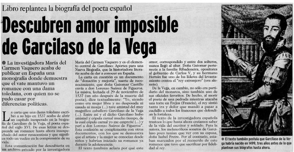 Descubren amor imposible de Garcilaso de la Vega