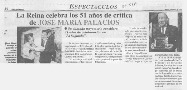 La Reina celebra los 51 años de crítica de José María Palacios  [artículo].