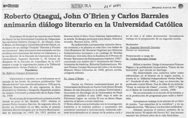 Roberto Otaegui, John O'Brien y Carlos Barrales animarán diálogo literario en la Universidad Católica  [artículo].