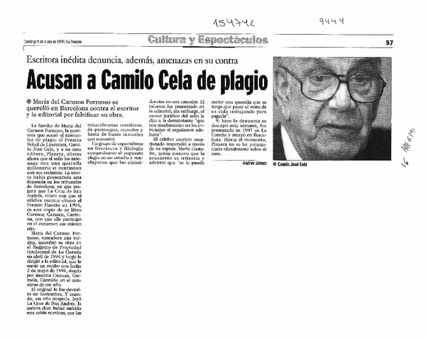 Acusan a Camilo Cela de plagio  [artículo] Andrés Gómez.