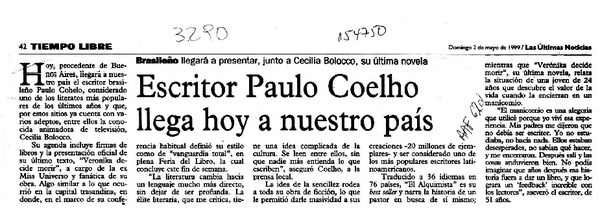 Escritor Paulo Coelho llega hoy a nuestro país  [artículo].
