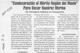 "Condecoración al mérito región del Maule" para Oscar Ramírez Merino  [artículo].