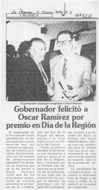 Gobernador felicitó a Oscar Ramírez por premio en Día de la Región  [artículo].