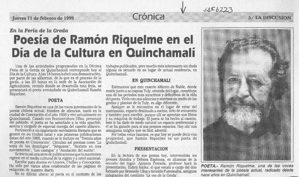 Poesía de Ramón Riquelme en el Día de la Cultura en Quinchamalí  [artículo].
