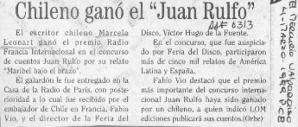 Chileno ganó el "Juan Rulfo"  [artículo].