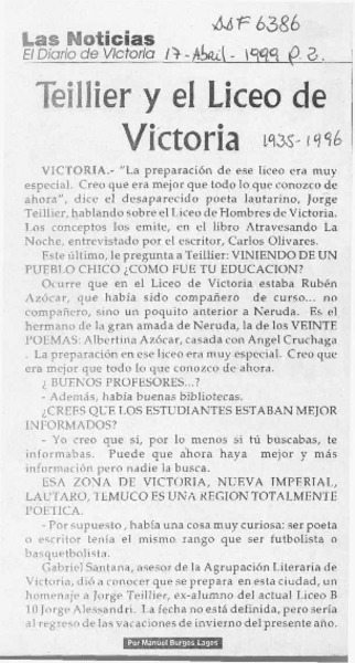 Teillier y el Liceo de Victoria  [artículo] Manuel Burgos Lagos.